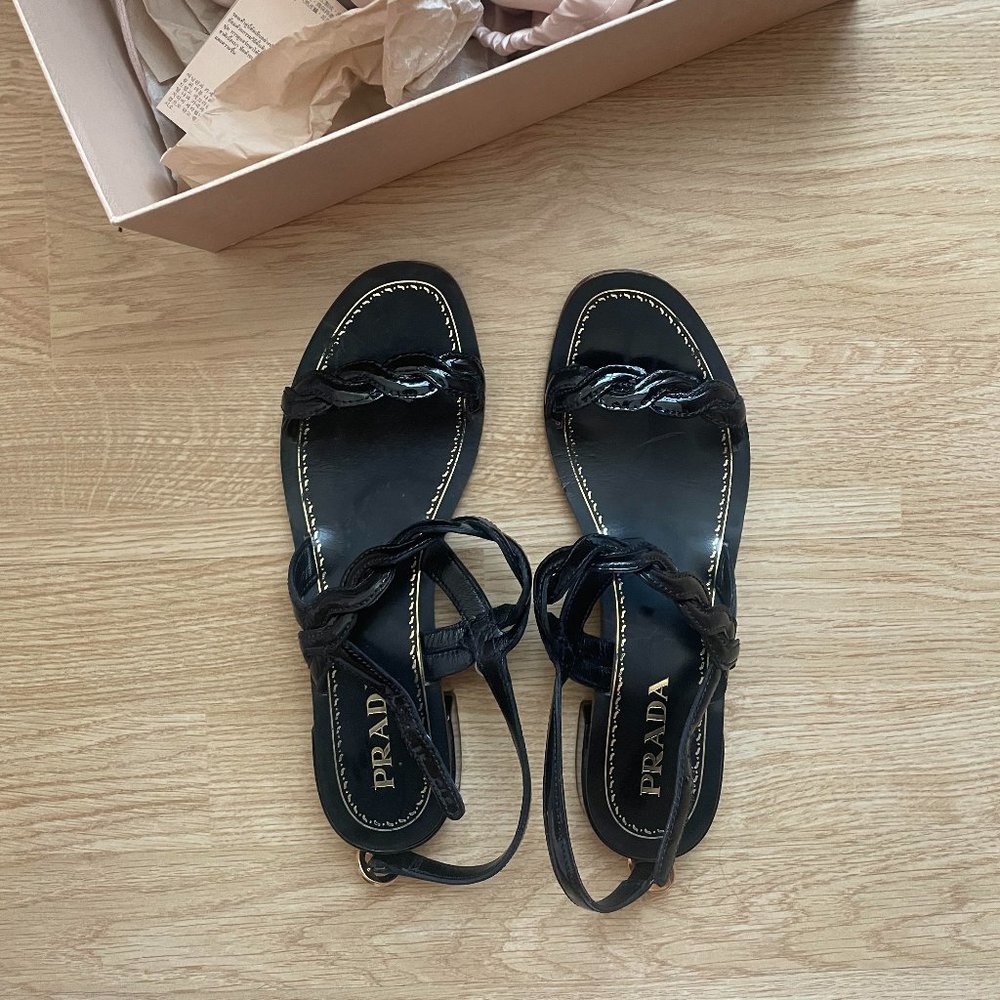 Prada black patent leather block heel sandals